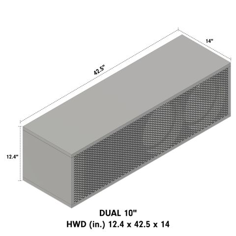 Graphic Showing Dimensions with text DUAL 10" - HWD (Inches) 12.4 x 42..5 x 14