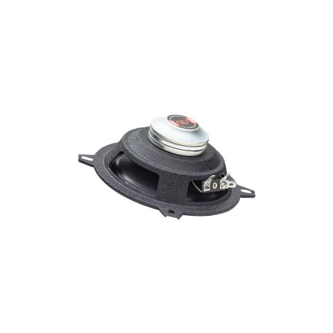 Photo showing VO-MN105 Midrange Neo speaker angled bottom to top to show motor, heatsink, basket and connectors