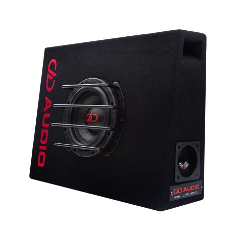 LE-ST06 Loaded Enclosure for tight spaces, angled left to show full front with DD AUDIO Embroidered logo and part of the side port and connectors