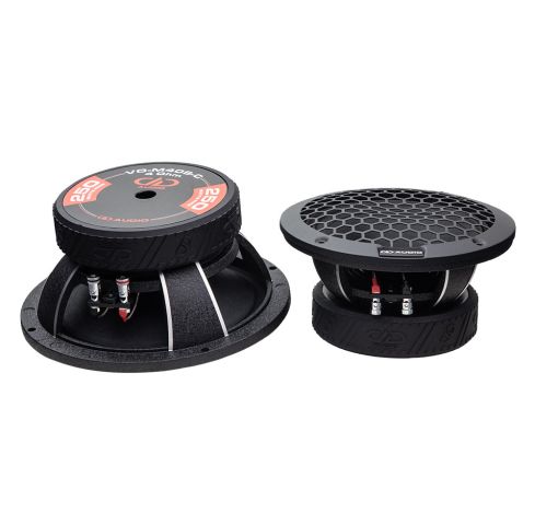 Photo of VO-M408-C Midrange Pair - on shot back to front to show motor with boot and textured cast frame, the other top to bottom showing mesh grill and push leads