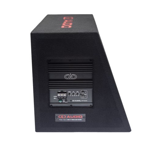 Photo showing PLE-112.1 enclosure from side with integrated AP400 Monoblock Amplifier - featuring the logo and controls