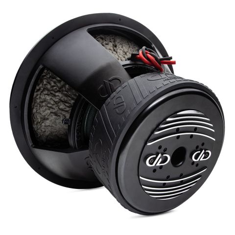 9918C - 18 Inch 9900 Series Subwoofer - Photo angled back to front down right side, showing motor heatsink, boot, basket, leads, all adorned in trademark DD AUDIO embossing.