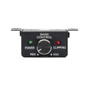 MRMT Remote front facing showing knob, clipping light, power light, min to max on bottom, bass control label on top