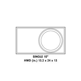 Diagram showing an unloaded enclosure with the text "Single 10 inch enclosure - HWD (in) 13.2 x 24 x 13"