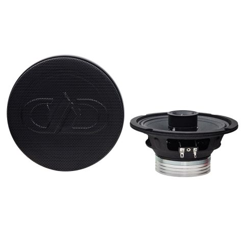 Photo of VO-XN306 pair, first facing front to show grill with embossed logo, the other top to bottom to show tweeter, basket and motor