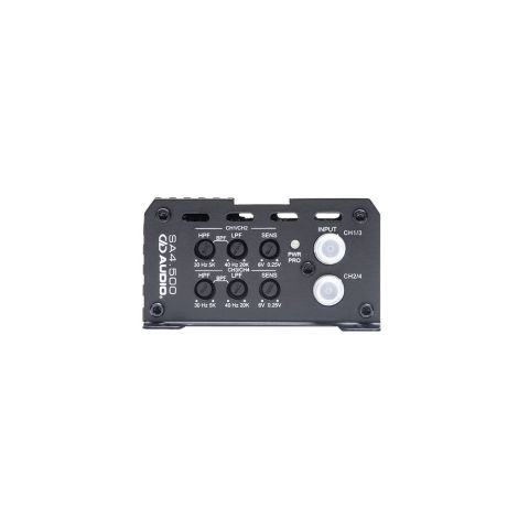 Photo of SA4.500 end panel showing speaker connection points and settings