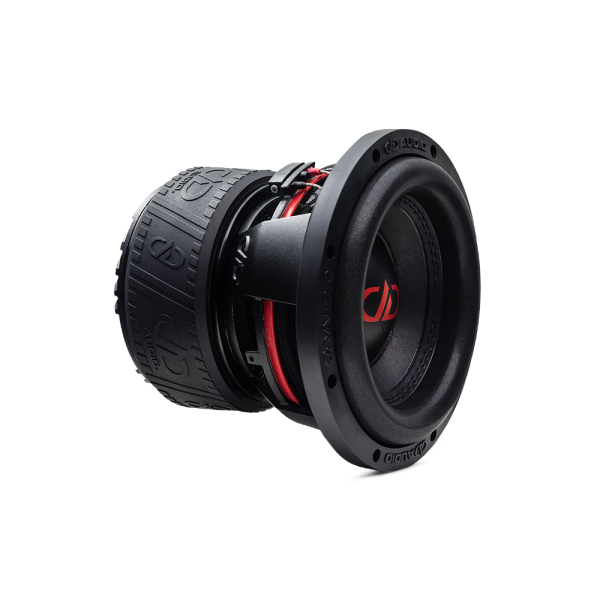 8 inch 600 Series subwoofer angled right side showing dust cap, cone, surround, basket and motor