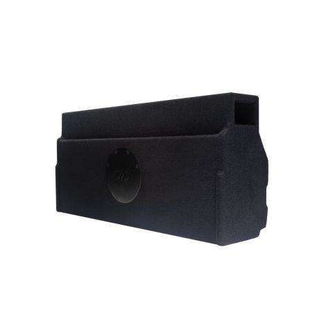 Photo of enclosure angled left showing back plate of 8 inch SL600 Subwoofer, side port and many of the box contours.