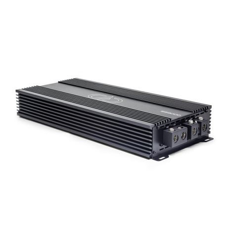 Photo of SS9000 laying flat with top plate facing up showing logo and model number, and part of end panel with power connection points