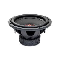 Photo of 12 inch 300 series subwoofer angled top to bottom to show motor, basket, surround, dustcap and cone