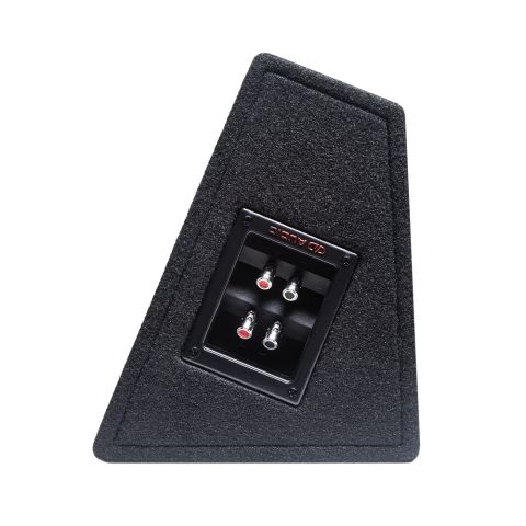 Photo of the plank shot from the side to show standard included terminal cup with push connectors. Cup has raised DD AUDIO logo and four screws