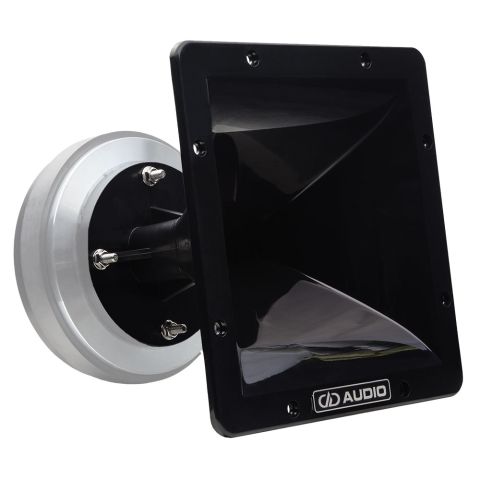 Photo of VO-CT8x8 horn with VO-CT75 attached (not included) angled slightly to show mostly horn opening adorned with DD AUDIO logo