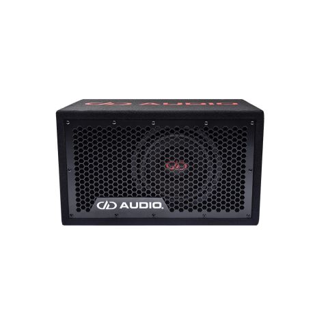 LE-508.1a Photo showing enclosure loaded with a single 508e 8 inch subwoofer facing front to show logo on top, full grill