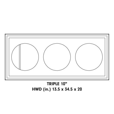 Diagram showing an unloaded enclosure with the text "Triple 10 inch enclosure - HWD (in) 13.5 x 34.5 x 20"