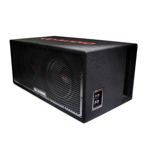 LE-512.2 photo - angled slightly to show connections panel and large rectangular port on side, while still showing both speakers, metal grill, and part of logo embroidery on top
