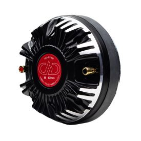Photo of a VO-CT55 compression tweeter angled back to front to show motor, heatsink push connectors and backplate sticker which reads "VO-CT55" above the DD logo, "8 Ohm - 100W RMS and 400W Max" below the DD Logo
