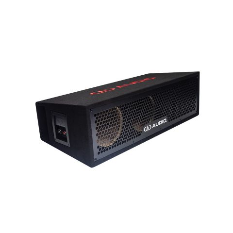 UE-6.2 Unloaded Enclosure facing front angled right to show grill with DD badge, port, empty baffles, top embroidered DD AUDIO logo with side terminal cup and connection points