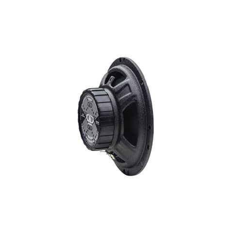 Photo of the B coaxial speaker angled back to front to show motor with DD logos on backplate sticker and the basket