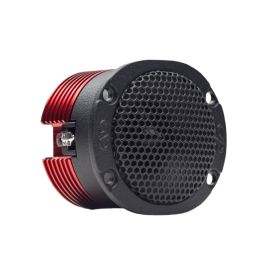 Photo of VO-B1c Bullet Tweeter shot front angled right to show embossed logos on face, mesh grill, heat sink and spade connectors