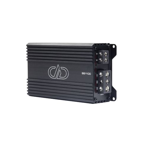 Photo of SS1100 on side angled to show connection panel, top plate, logo, model number