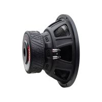 Photo of 512e subwoofer angled back to front to show ferrite motor and basket