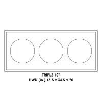 Diagram showing an unloaded enclosure with the text "Triple 10 inch enclosure - HWD (in) 13.5 x 34.5 x 20"