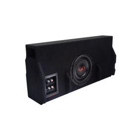 Photo of enclosure angled right showing the 8 inch SL600 slim subwoofer - logo, dustcap, cone, surround as well as front facing terminal cup with push connectors and side port