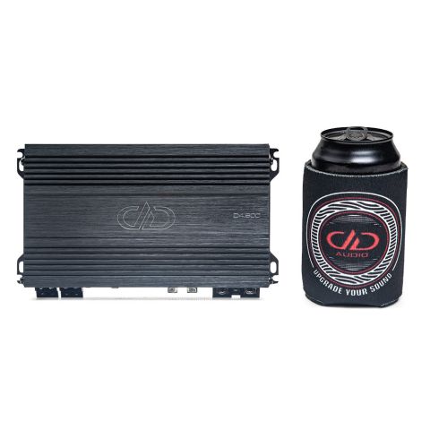 Photo of D4.800 showing full top plate with logo and model number besides a koozie for size comparison