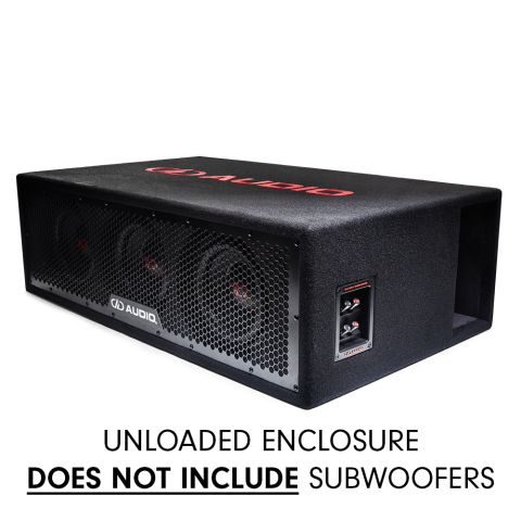 Photo showing how the unloaded enclosure looks when loaded with 8 inch subs. Angled front to back tilted slightly to show subs, grill, logo on grill and logo on top of the enclosure, connection panel and port on side with text below: "Unloaded enclosure Does Not Include Subwoofers"