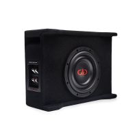 Photo of LE-DF-LS608.1 Loaded Enclosure facing front to show SL608 subwoofer in box with connection panel on side