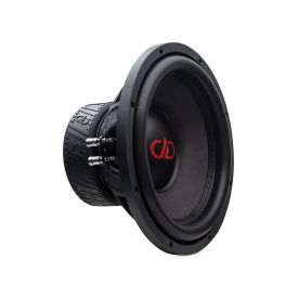 Photo of 12 inch 300 series subwoofer angled right to show part of motor, surround, dustcap and cone
