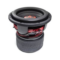 12 inch 812f subwoofer with motor flat on surface, slightly angled showing surround cone and dust cap and logo