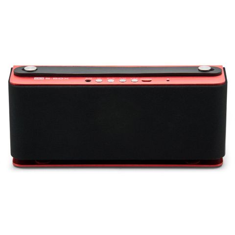 S-Box speaker system facing front to show mesh cover and DD badge and top with red casing, strap, and controls