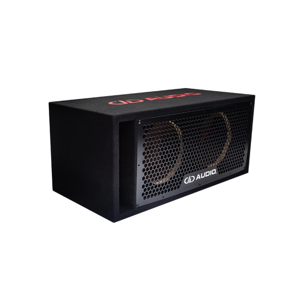 Photo of dual 8 inch unloaded enclosure facing front angled right to show front grill with DD AUDIO logo and port, and a slight glimpse of DD AUDIO logo embroidered on top.