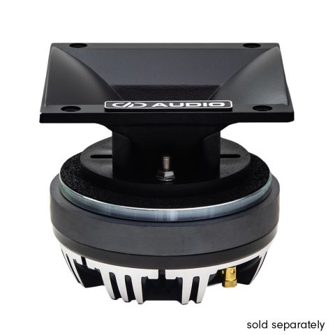 Photo of 6x6 Horn angled top to bottom to show black matte finish, curves, and metal plate with DD AUDIO logo - image includes the horn mounted to a CT55 compression tweeter to demonstrate how it will look mounted - The words "Sold Separately" appear in the bottom right corner