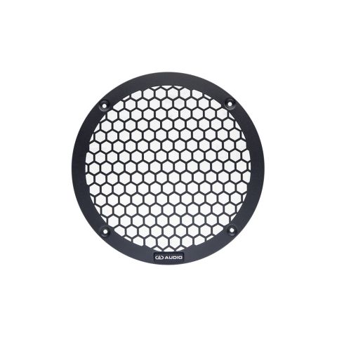 Photo of 8 inch metal mesh grill front facing, showing the logo badge at the bottom