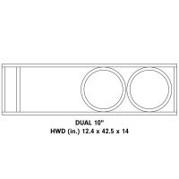 UE-10.2-SUV Unloaded Enclosure graphic showing dimensions - "DUAL 10 Inch, HWD (inch) 12.4 x 42.5 x 14"