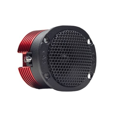 Photo of VO-B1c Bullet Tweeter shot front angled right to show embossed logos on face, mesh grill, heat sink and spade connectors