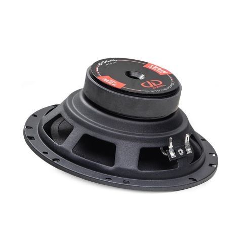 E-C6.5b woofer photo angled bottom from the back to show motor, connectors, basket. Backplate sticker shows large DD logo in center bottom. On the edges are the model number, 4 Ohm, 75W RMS, 125W Peak Power, and the trademark True to the Source slogan.