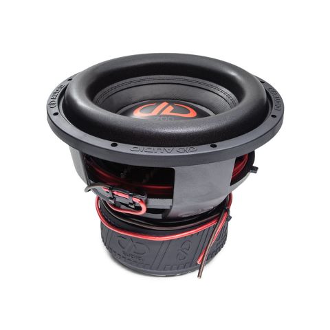 12 inch 712f subwoofer with motor flat on surface, slightly angled showing surround cone and dust cap and logo