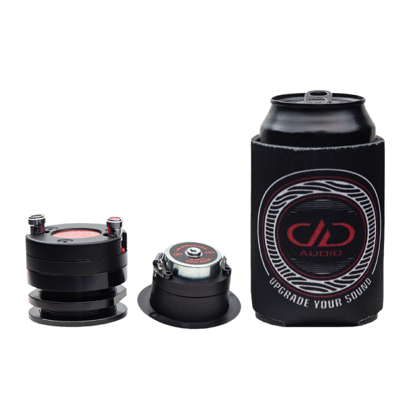 Photo of VO-MBTN125 and VO-BTN125 next to soda can for reference, demonstrating size difference of smaller "Micro Bullet Tweeter"