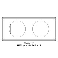 Diagram showing an unloaded enclosure with the text "Dual 12 inch enclosure - HWD (in) 16 x 36.5 x 16"