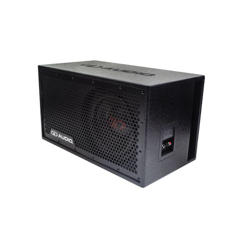 LE-C510.1 Photo angled to the left showing the full frame protective grill, the single 500 Series 10 inch subwoofer, the side firing port, and push connector panel
