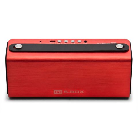 S-Box speaker system facing back to show red casing, strap, and controls