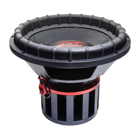 Photo of Z315 from top to bottom to show surround, part of cone, dustcap, and logo, the basket, red anodized aluminum top plate, neo pillar motor and leads