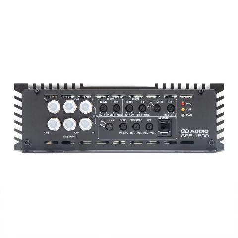 Photo of SS5.1500 showing close up of end panel with speaker inputs and settings