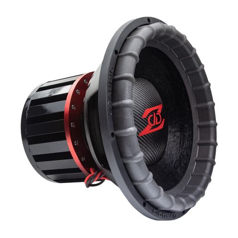 Photo of Z415 profile shot to show surround, part of cone, dustcap, and logo, basket, red anodized aluminum top plate, the neo pillar motor and leads