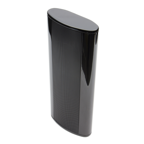 Photo of a LS-241 speakers- shot top down to show contours and mesh grill down the side
